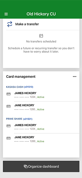 Card management shown on OHCU's mobile app.