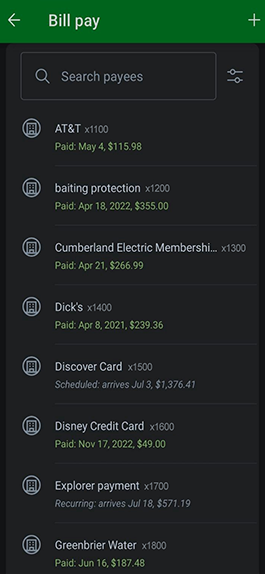 Pay bills shown on OHCU's mobile app.